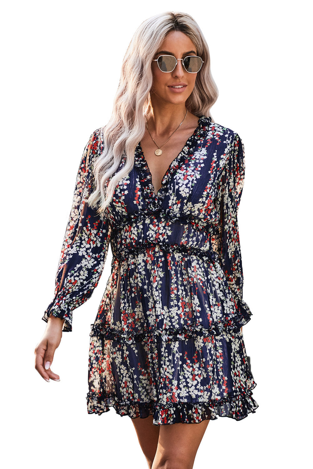 White Ruffle Detailing V-Neck Open Back Floral Dress