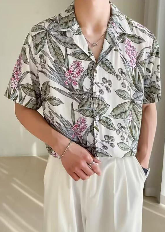 New White Print Button Ice Silk Mens Shirts Summer