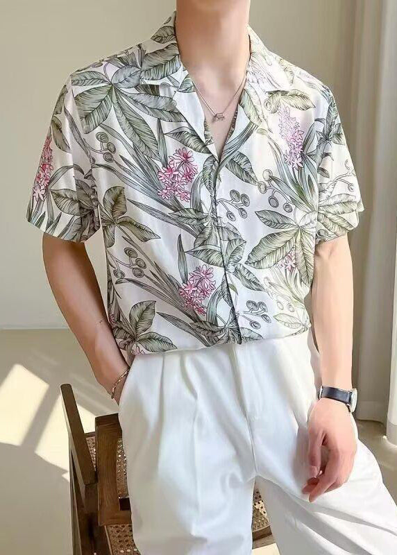 New White Print Button Ice Silk Mens Shirts Summer