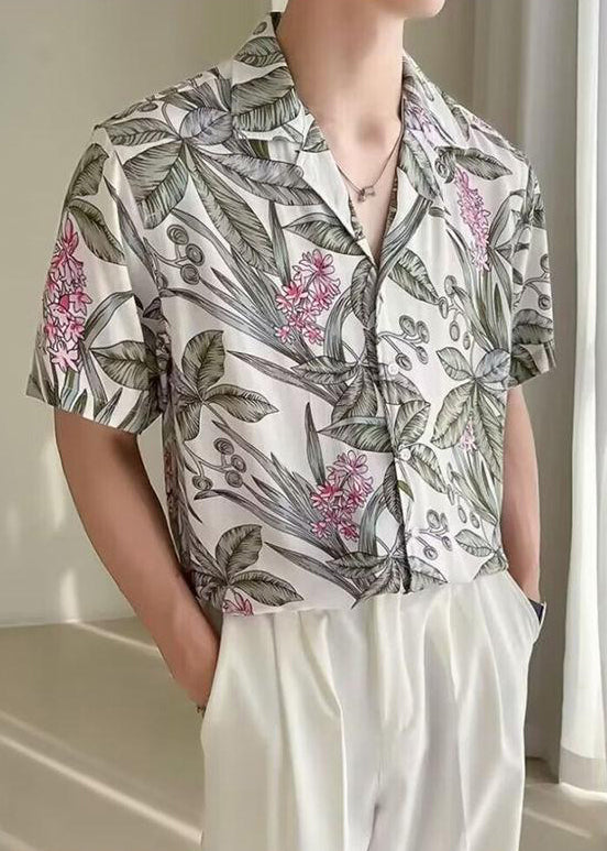 New White Print Button Ice Silk Mens Shirts Summer
