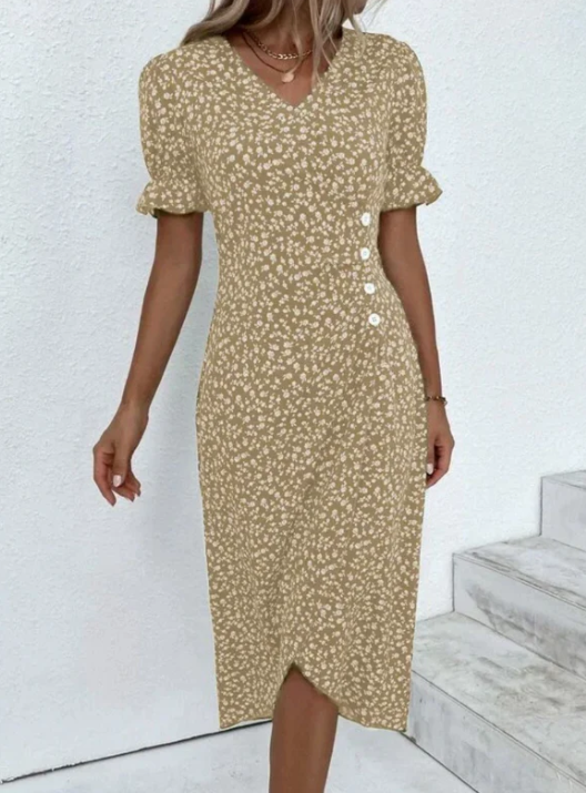 Elegant Midi Dress with Print & Button Closure