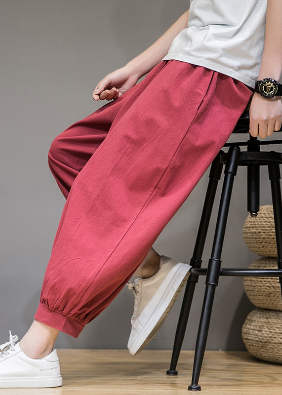 Jin - Simple Solid Pockets Cotton Men Crop Pants