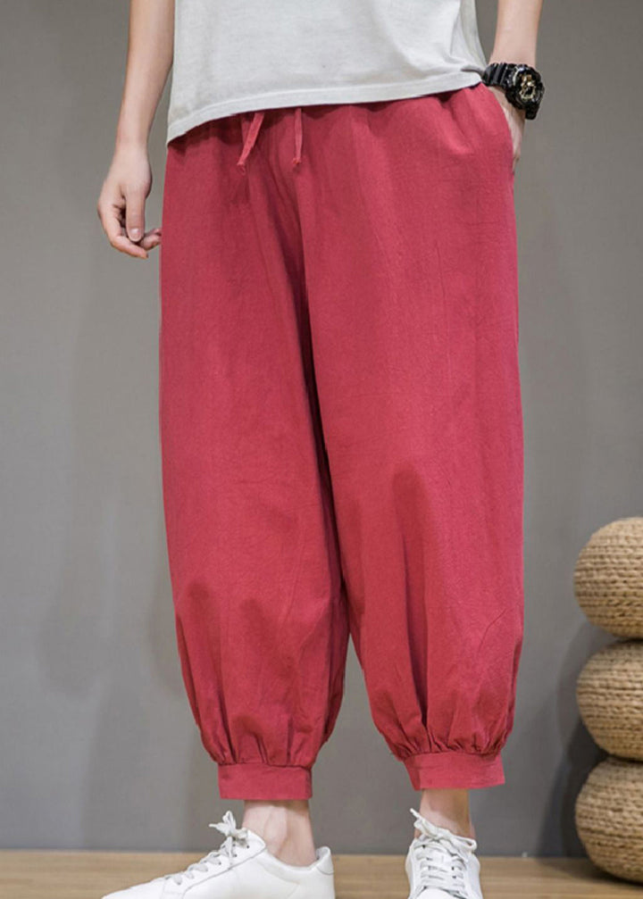 Jin - Simple Solid Pockets Cotton Men Crop Pants