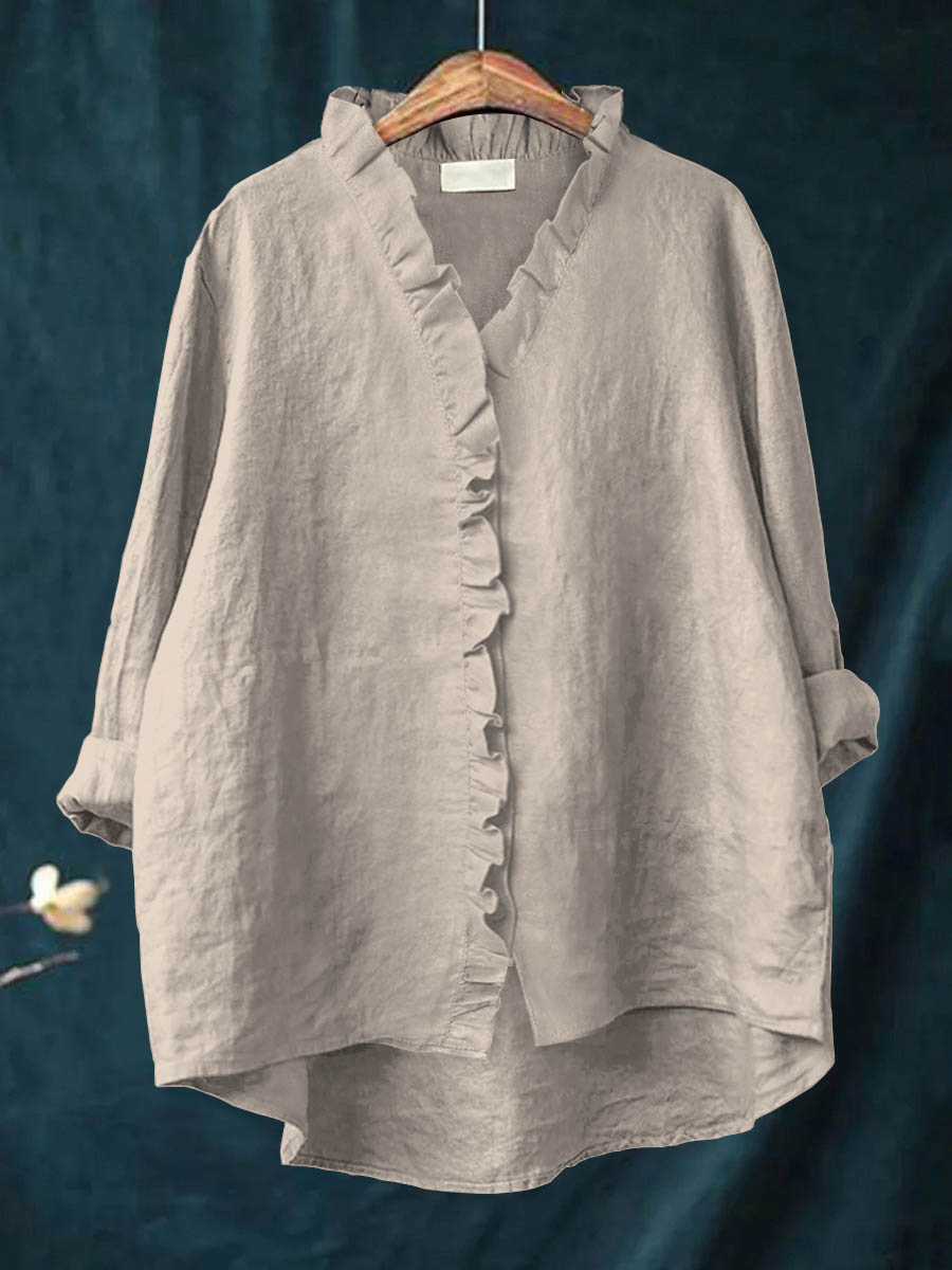 Ecka - Casual Cotton And Linen Ruffle Shirt