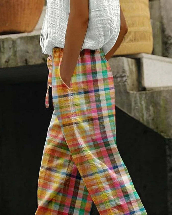 Noëlle | Checkered linen pants with elastic waist