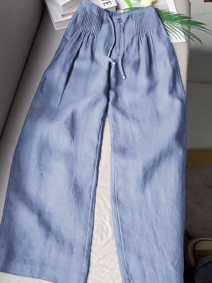 Seina - olid Color Pleated Drawstring Casual Cotton and Linen Wide Leg Pants