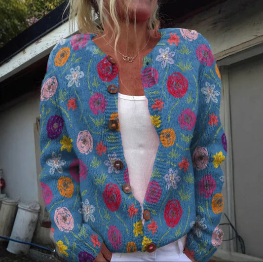 Tilda | Blue Cardigan with Elegant Floral Print