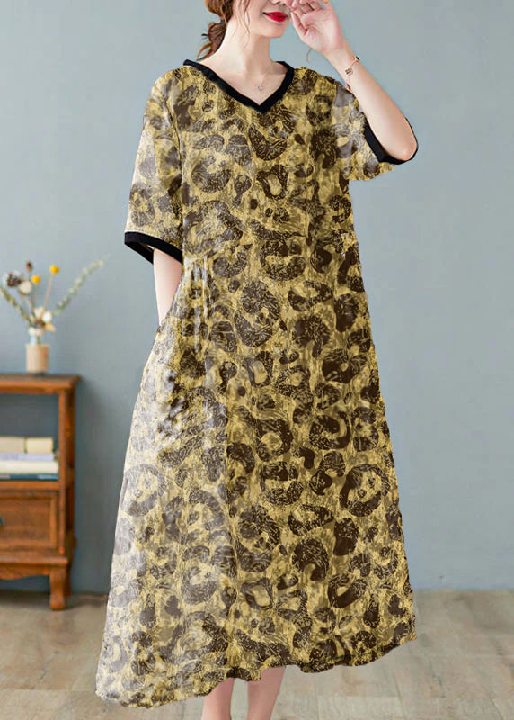 Boutique V Neck Print Linen Dresses Short Sleeve
