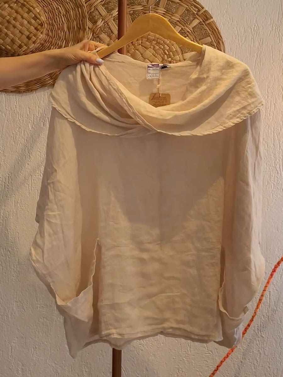Pia - Solid Color Draped Neck 3/4 Sleeve Comfortable Casual Linen Pocket Top