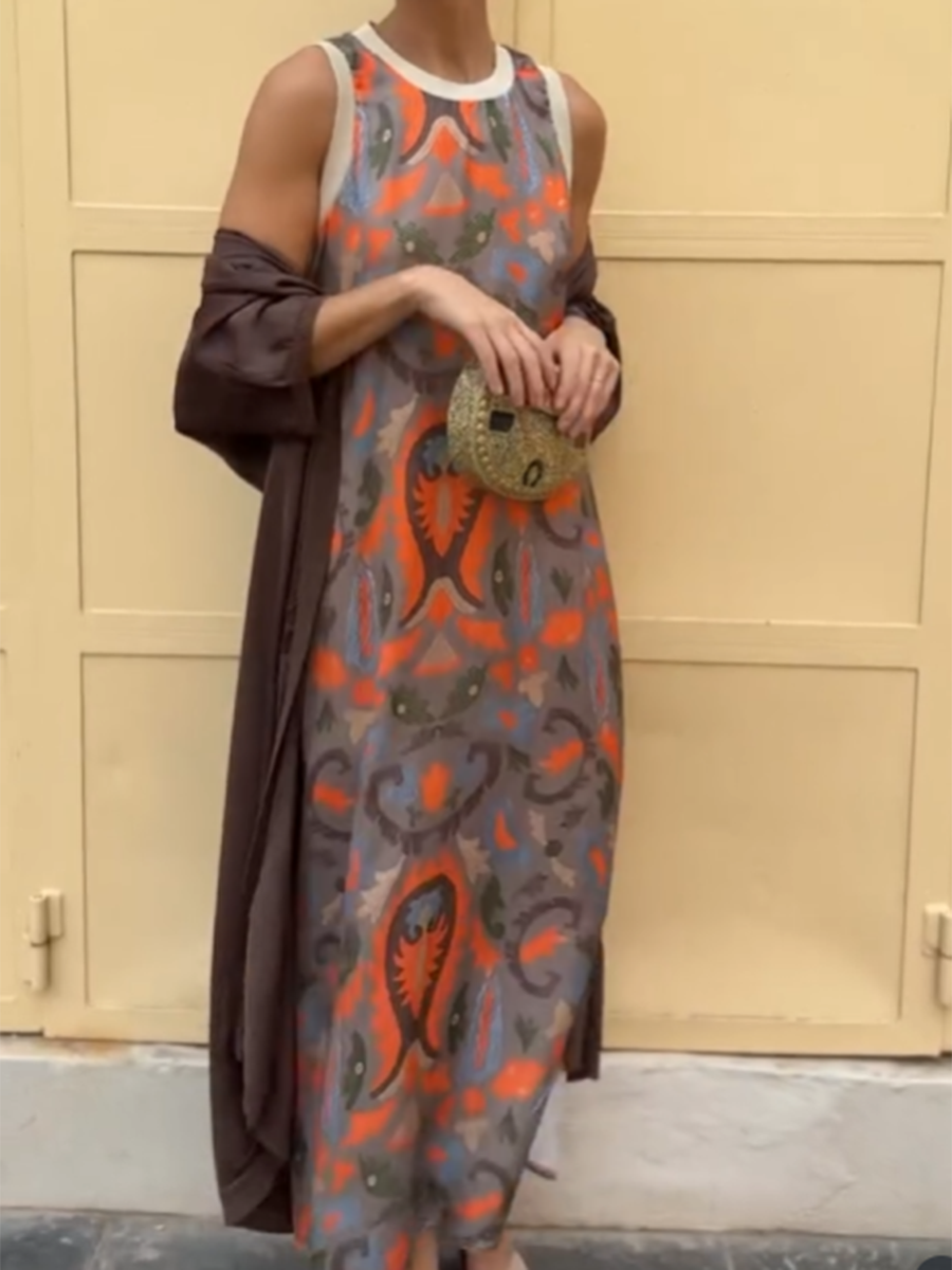 Vilma - Satin Cardigan Cover and Printed Sleeveless Dress