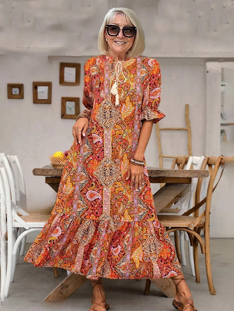 Amber - Boho Paisley Tassel Tie Dress