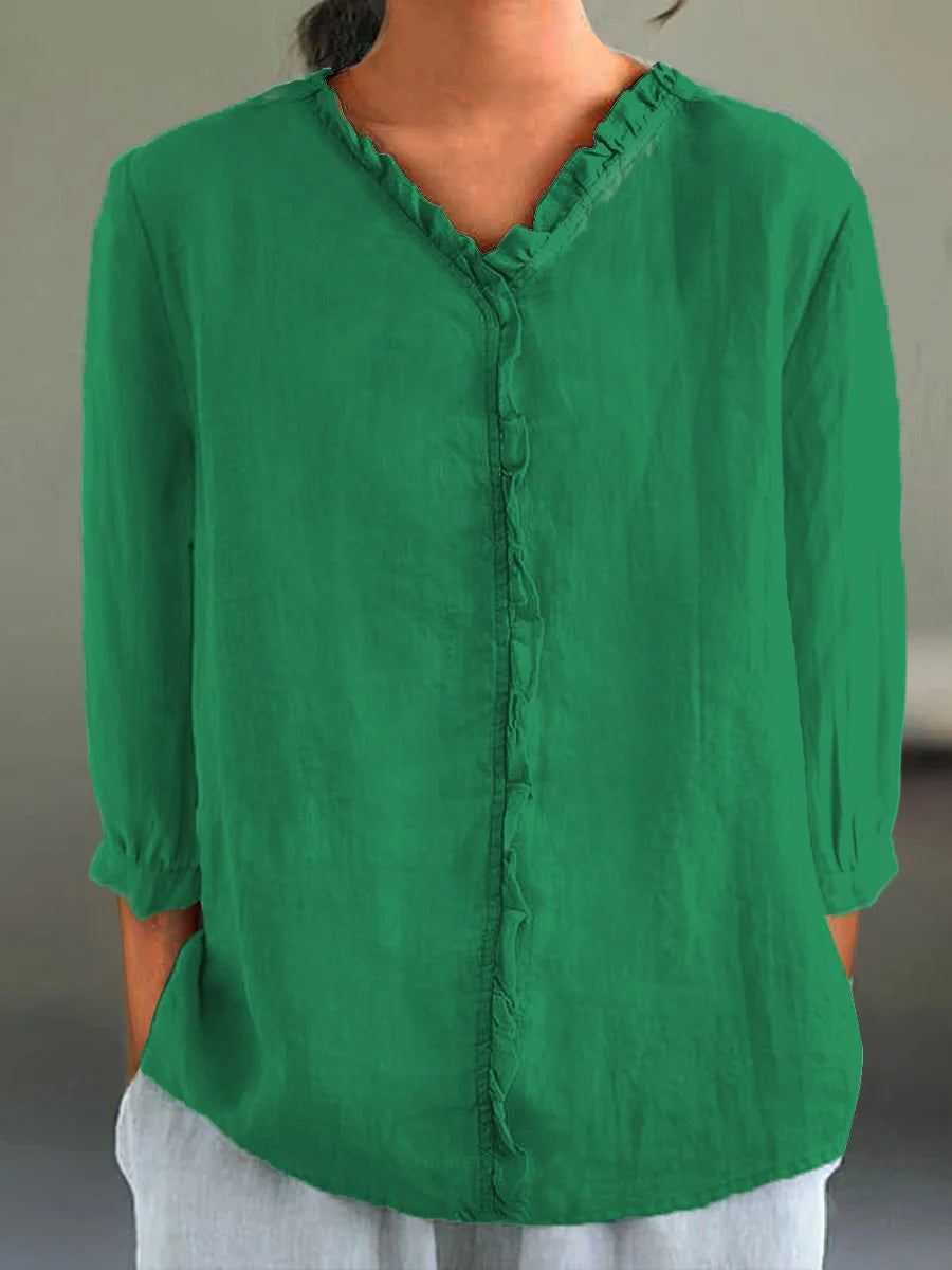 Polla - Casual Cotton And Linen Ruffle Collar 3/4 Sleeve Shirt