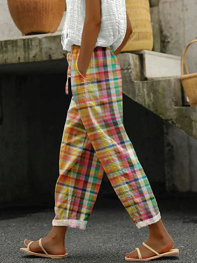 Noëlle | Checkered linen pants with elastic waist