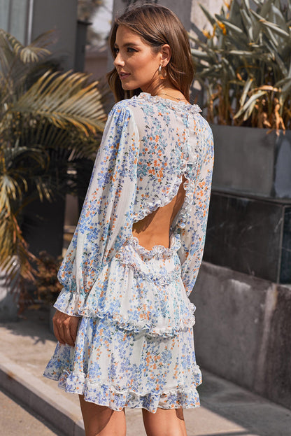 White Ruffle Detailing V-Neck Open Back Floral Dress