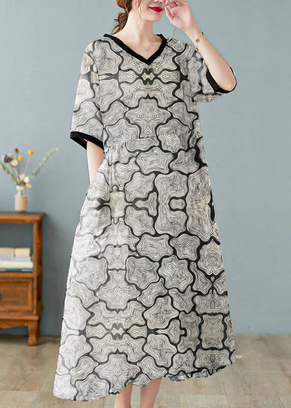 Boutique V Neck Print Linen Dresses Short Sleeve