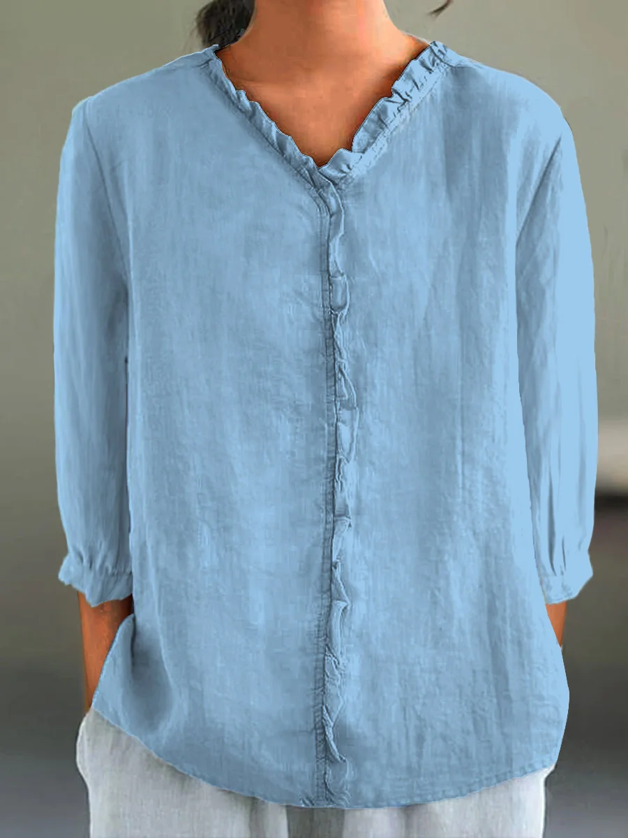 Shayla | Ruffle Collar Cotton-Linen Shirt