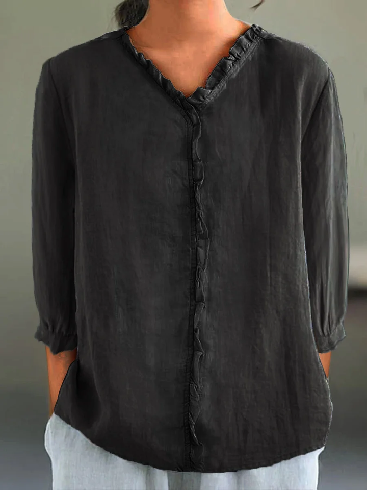 Shayla | Ruffle Collar Cotton-Linen Shirt