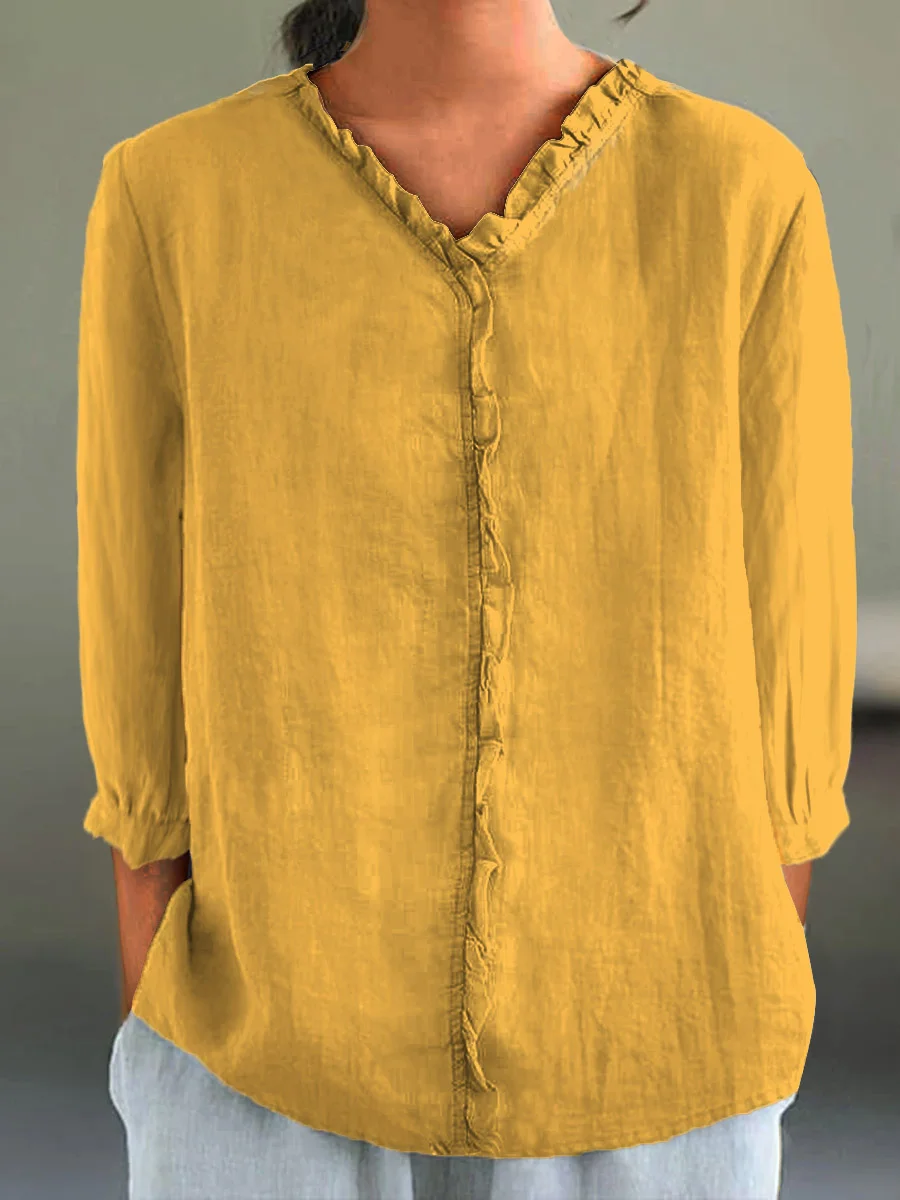 Shayla | Ruffle Collar Cotton-Linen Shirt