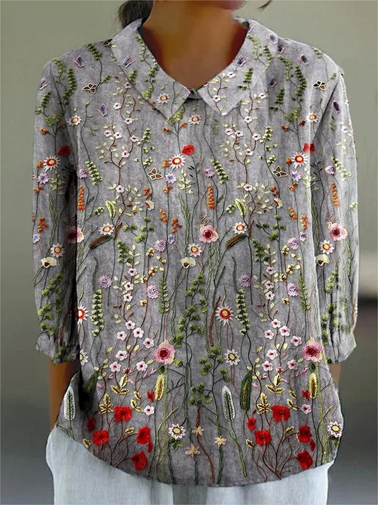 Zyla - Women's Vintage Floral Art Print Casual Cotton Linen V-neck Shirt