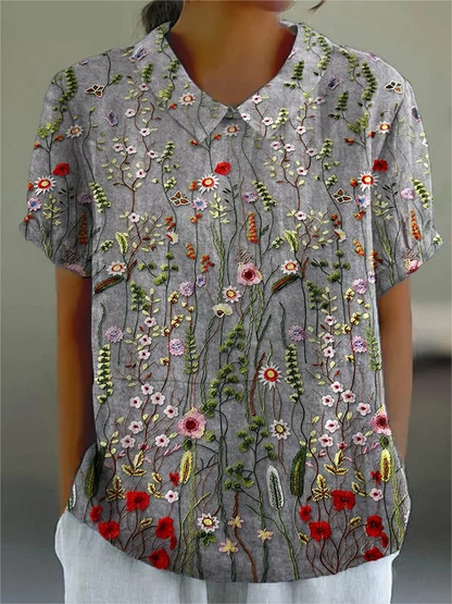 Zyla - Women's Vintage Floral Art Print Casual Cotton Linen V-neck Shirt