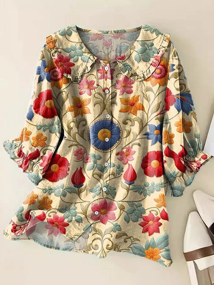 Celine - Women's Vintage Flower Art Print Casual Cotton And Linen 3/4 Sleeve Shirt