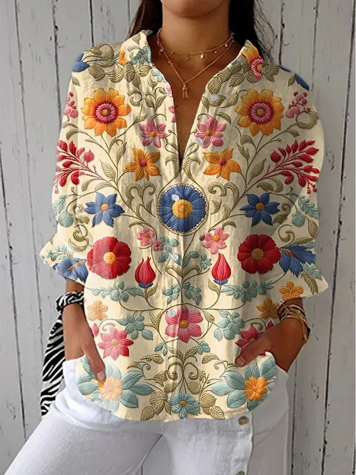 Celine - Women's Vintage Flower Art Print Casual Cotton And Linen 3/4 Sleeve Shirt