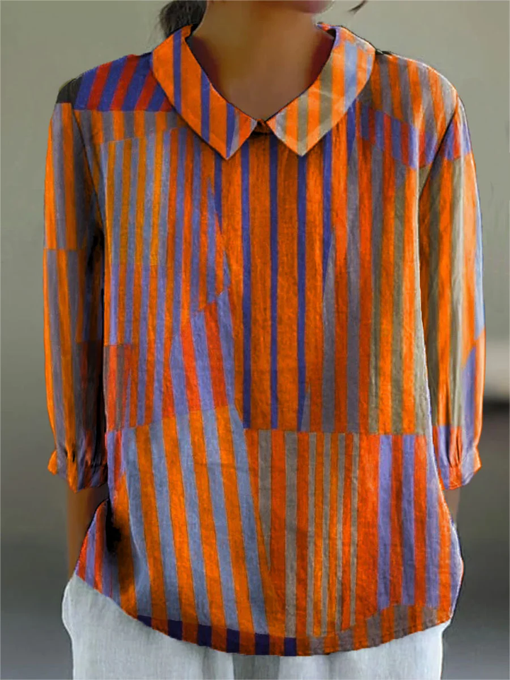 Jenine - Women's Vintage Colorblock Striped Art Print Casual Cotton And Linen 3/4 Sleeve Shirt