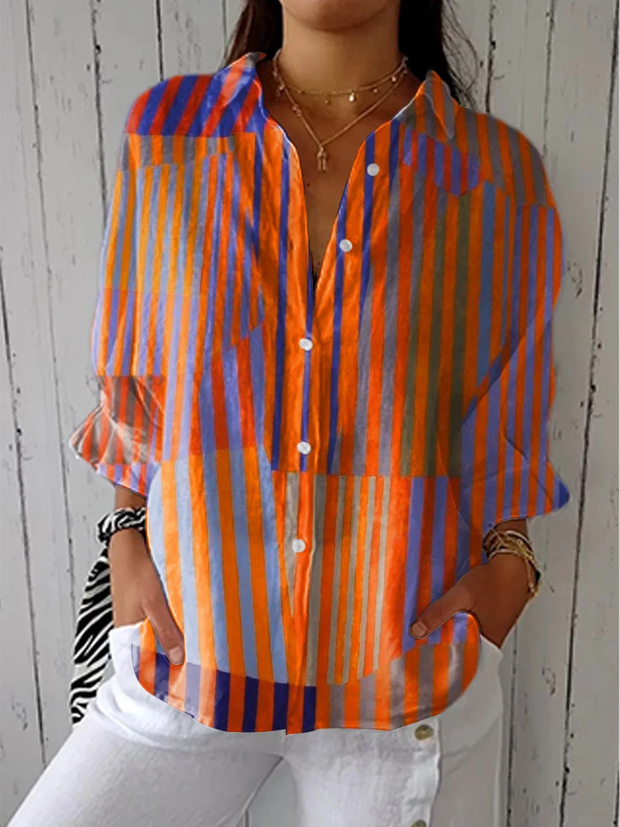 Jenine - Women's Vintage Colorblock Striped Art Print Casual Cotton And Linen 3/4 Sleeve Shirt