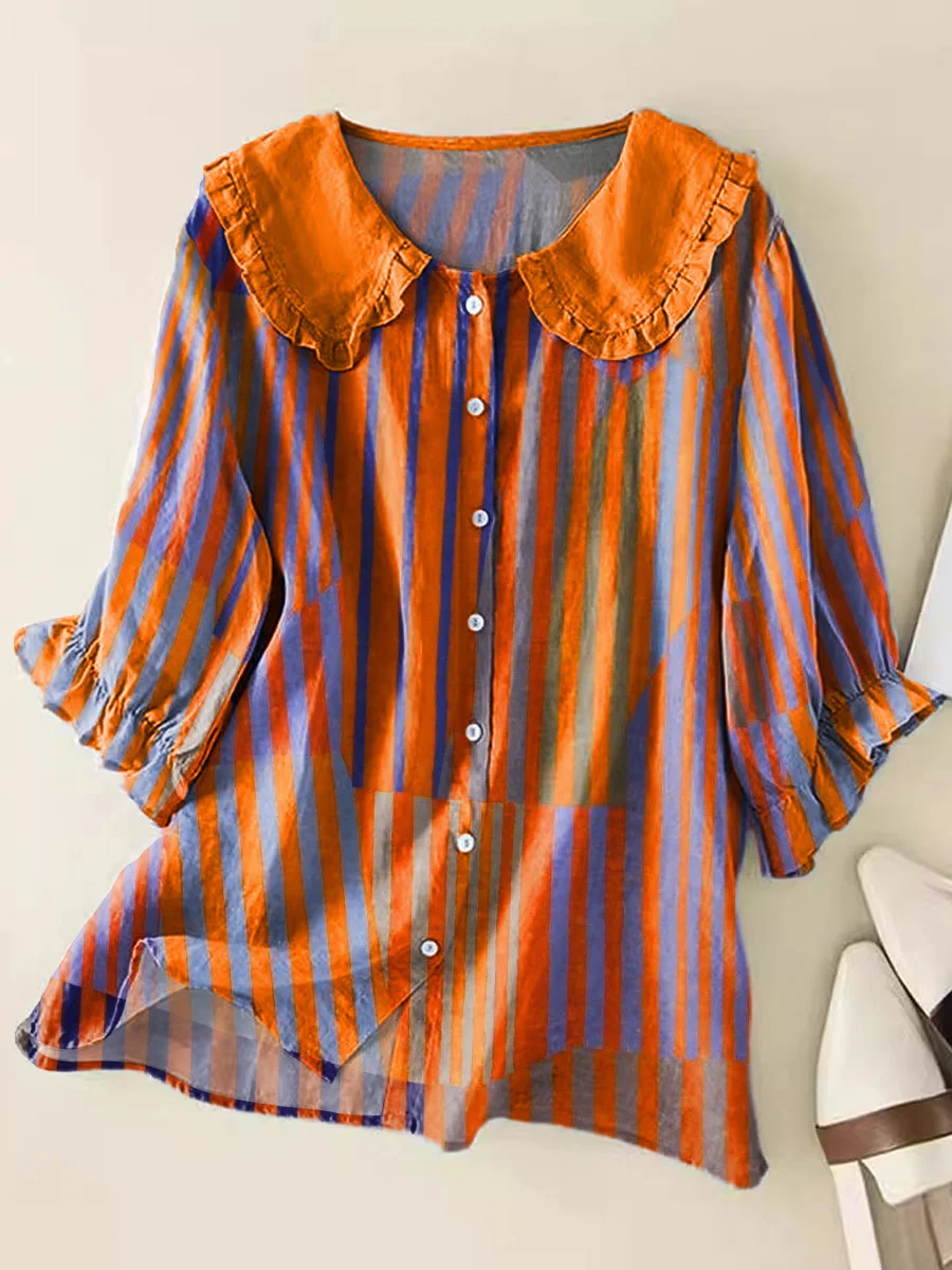 Jenine - Women's Vintage Colorblock Striped Art Print Casual Cotton And Linen 3/4 Sleeve Shirt