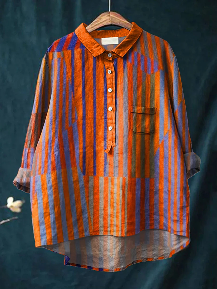 Jenine - Women's Vintage Colorblock Striped Art Print Casual Cotton And Linen 3/4 Sleeve Shirt