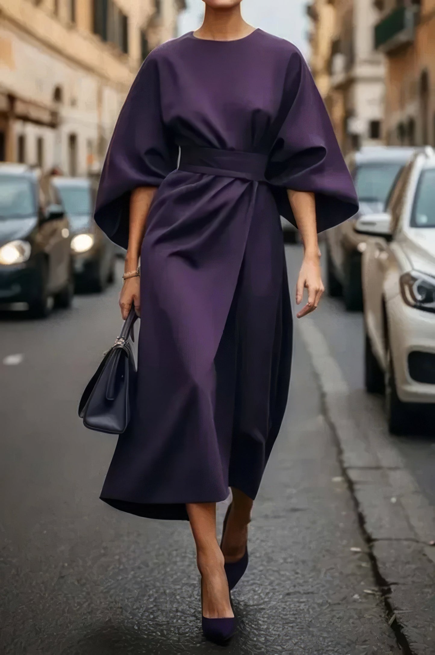 Margaret - Elegant Dress With Lantern Sleeves and Belt